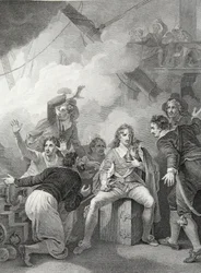 Earl Sandwich weigert sich, sein Schiff zu verlassen, während es in der Schlacht von Sole Bay brennt, graviert von W. Byrne, Illustration aus David Humes 