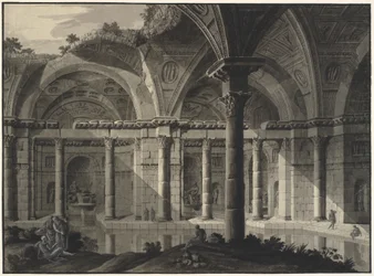 Architektonische Fantasie eines antiken Bades mit zerstörtem Dach und Figuren