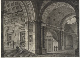 Architektonische Fantasie des Inneren eines antiken Gebäudes mit teilweise zerstörten Gewölben