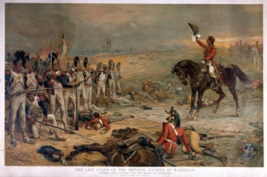 Der letzte Widerstand der kaiserlichen Garde bei Waterloo, General Hill fordert den Feind zur Kapitulation auf