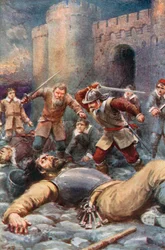 Die Pilger zerstören das Schloss des Zweifels (Farblithografie)