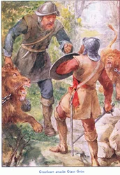 Großherz greift Riesen Grim an, aus The Pilgrims Progress, veröffentlicht von John F Shaw & Co, um 1900