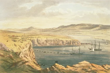 Blick auf Port Magee, Valentia, von den Höhen von Cora Beg, HMS Caroline legt das Uferende des Kabels, 22. Juli