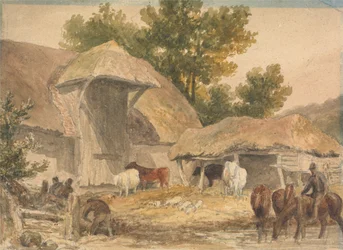 Bauernhof mit wartenden Pferden