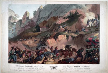 1799 kämpften die Truppen Napoleons auf der Teufelsbrücke gegen die von General Suworow befehligten Russen - Russische Armee überquert die Teufelsbrücke 1799 - Porter, Robert Carr (1777-1842) - 1804 - Aquatinta - 63x91,3 - Private Sammlung