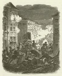 Kämpfe an einer Barrikade vor dem Kolln Rathaus in Berlin in der Nacht vom 18. auf den 19. März 1848