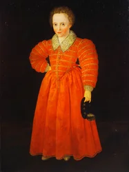 Porträt eines kleinen Jungen, stehend in voller Länge, in einem roten Kleid mit weißem Spitzenkragen, einen schwarzen Hut haltend