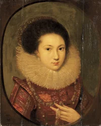 Porträt eines Mädchens, Brustbild, in einem scharlachroten bestickten Kleid und Spitzenkragen