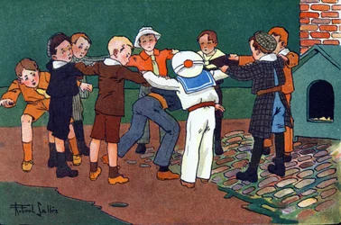 Katze und Maus. Gravur in "Was spielen wir?" von E. Weber mit Aquarellzeichnungen von Robert Salles (1871-1929). Librairie Garnier Freres, Paris