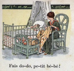 Kinderbuch „Ich werde lesen - Methodisches und lustiges Alphabet von einem Vater“ 1926. Illustration von Robert Salles (1871-1929). „Schlaf, Baby, schlaf!“. Eine Mutter näht im Zimmer ihres Kindes und wartet darauf, dass ihr Baby schläft.
