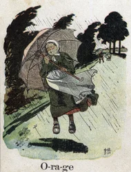 Kinderbuch „Ich werde lesen - Methodisches und lustiges Alphabet von einem Vater“ 1926. Illustration von Robert Salles (1871-1929). „Sturm“: Eine Frau im Regen schützt sich mit ihrem Regenschirm.