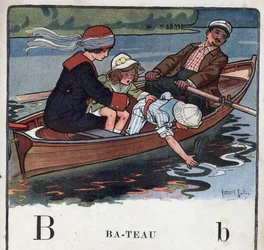 Kinderbuch „Ich werde lesen - Methodisches und lustiges Alphabet von einem Vater“ 1926. Illustration von Robert Salles (1871-1929). Abecedarium: Buchstabe B wie Boot. Eine Familie macht eine Bootsfahrt
