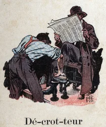 Kinderbuch „Ich werde lesen - Methodisches und lustiges Alphabet von einem Vater“, 1926. Illustration von Robert Salles (1871-1929). „Schuhputzer“: Ein Schuhputzer reinigt die Schuhe eines Kunden, der Zeitung liest.