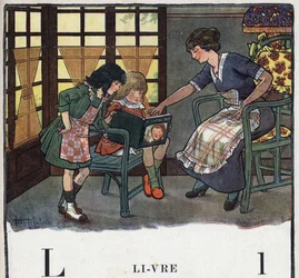 Kinderbuch „Ich werde lesen - Methodisches und lustiges Alphabet von einem Vater“, 1926. Illustration von Robert Salles (1871-1929). Abecedarium: Buchstabe L wie Buch. Eine Mutter bringt ihrer Tochter das Lesen bei.