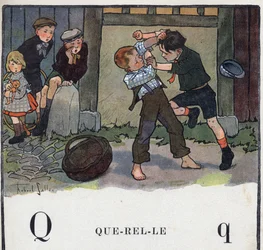 Kinderbuch „Ich werde lesen - Methodisches und lustiges Alphabet von einem Vater“ 1926. Illustration von Robert Salles (1871-1929). Abecedaire: Buchstabe Q wie Streit. Zwei Jungen kämpfen im Hof