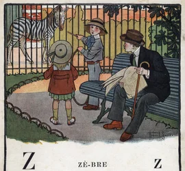 Kinderbuch „Ich werde lesen - Methodisches und lustiges Alphabet von einem Vater“ 1926. Illustration von Robert Salles (1871-1929). Abecedaire: Buchstabe Z wie Zebra. Kinder, mit einem Reifen, schauen sich ein Zebra im Zoo an