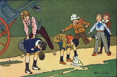 Schafsprung. Gravur in "Was spielen wir?" von E. Weber mit Aquarellzeichnungen von Robert Salles (1871-1929). Librairie Garnier Frères, Paris.