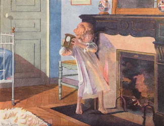 Kleines Mädchen mit einer Uhr am Kamin