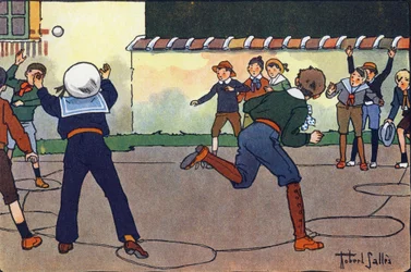 Der Ball im Lager (oder Gefangenenball oder Jägerball). Gravur in "Was spielen wir?" von E. Weber mit Aquarellzeichnungen von Robert Salles (1871-1929). Librairie Garnier Freres, Paris