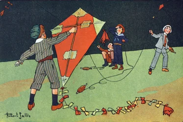 Der fliegende Drachen. Gravur in „Was spielen wir?“ von E. Weber mit Aquarellzeichnungen von Robert Salles (1871-1929). Librairie Garnier Freres, Paris