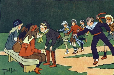 Das Gymkhana (Kurs auf einem Testparcours mit Schiedsrichtern). Gravur in "Was spielen wir?" von E. Weber mit Aquarellzeichnungen von Robert Salles (1871-1929). Librairie Garnier Frères, Paris.