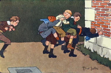 Das geschmolzene Pferd (wenn man springt, muss man einen Kalifurchon auf den Rücken eines anderen Kindes springen, ohne die anderen zu stoßen). Gravur in "Was spielen wir?" von E. Weber mit Aquarellzeichnungen von Robert Salles (1871-1929). Librairie Garni