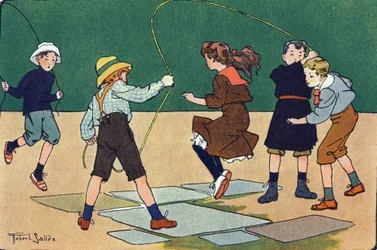 Das Seilspringen. Gravur in „Was spielen wir?“ von E. Weber mit Aquarellzeichnungen von Robert Salles (1871-1929). Librairie Garnier Freres, Paris