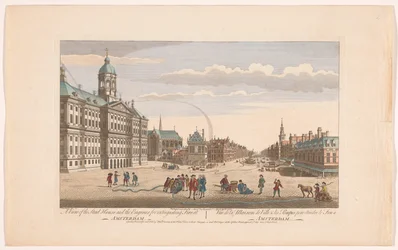 Ansicht des Rathauses in Amsterdam mit Feuerwehrleuten auf dem Dam (Serie: Holland)