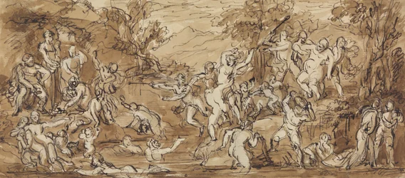 Figurenstudie einer Bacchanalfeier in einer Waldlandschaft