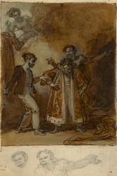 Stephano, Trinculo und Caliban mit Prosperos magischer Garderobe