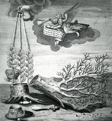 Emblematischer Druck zur Hinrichtung von Charles I und der Stuart-Nachfolge, 1715