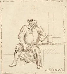 Skizze eines sitzenden Mannes mit Krug, möglicherweise Falstaff