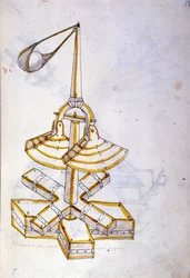 Kunst des Krieges: Studie über militärische Maschinen. Eine drehbare Steinschleuder, Illustration aus 