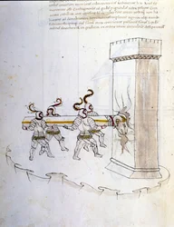 Kunst des Krieges: Studie über militärische Maschinen. Verwendung des Widders zum Belagern eines Turms, Illustration aus 