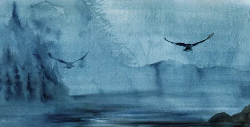 Vögel im blauen Nebel