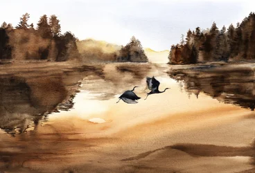 Flug der Vögel über dem goldenen See