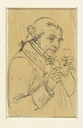 Alter Herr im 18. Jahrhundert Kostüm, in der linken Hand ein Glas Wein erhebend