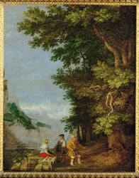 Gebirgslandschaft mit Obstverkäuferin