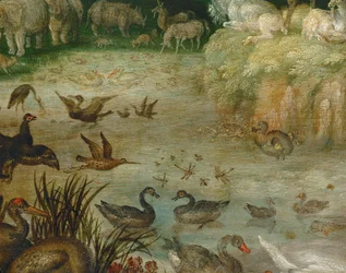 Der Teich. Tiere trinken, Enten schwimmen, ein Einhorn im Hintergrund