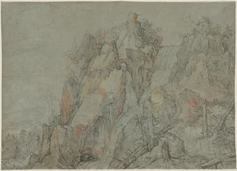 Gebirgslandschaft mit Burgen und Wasserfällen