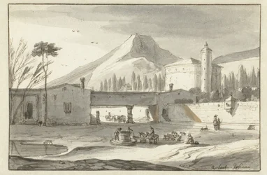 Gebirgige, italienische Landschaft mit einer Rotundenkirche