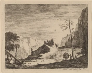Gebirgige Landschaft mit einem Wagen (Tafel 8)