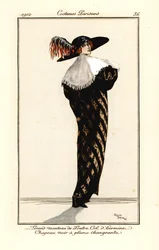 Frau in einem langen Mantel aus Otterfell mit Hermelinkragen und schwarzem Hut mit mehrfarbiger Feder, Radierung nach einer Illustration von Roger Broders aus Tommaso Antonginis Journal des Dames et des Modes, Aux Bureaux du Journal des Dames, Paris