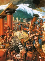 Eine Flutwelle verwüstet eine Stadt auf Kreta im 15. Jahrhundert v. Chr.