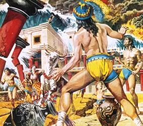 Eine Flutwelle verwüstet eine Stadt auf Kreta im 15. Jahrhundert v. Chr.