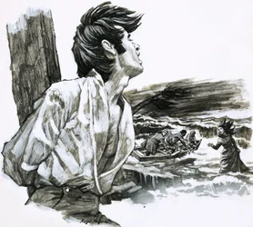 Roger Quinn an einen Balken auf Christmas Cay gebunden