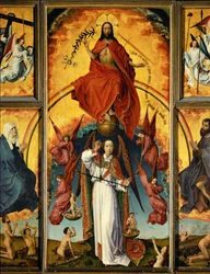Altar des Jüngsten Gerichts: Christus-Richter, Erzengel Michael wiegt Seelen, Engel blasen Trompeten und tragen die Werkzeuge der Passion; Heilige Maria und Heiliger Johannes der Täufer