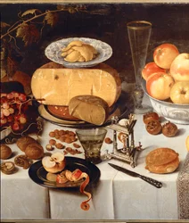 Stillleben. Äpfel, Käse, Obst, Geschirr