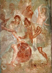 Achilles, als Frau verkleidet, wird von Odysseus unter den Töchtern des Lykomedes auf Scyros erkannt Fresko von Pompeji. 1. Jahrhundert n. Chr. Dim. 145,5x137,5 cm Neapel, Nationales Archäologisches Museum - Römische Kunst. Heftiger Kampf zwischen den Mens
