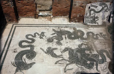 Antikes Ostia. Platz der Korporationen. Mosaik der Sabratha-Seefahrerkorporation. Neptunbäder